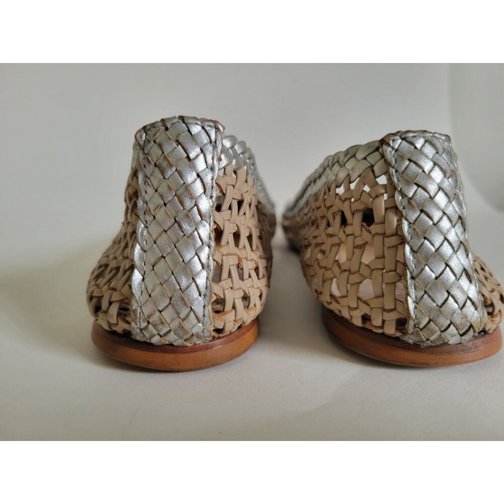 Tory Burch Logo Reva Scrunch Ballet Flat Woven Leather Beige Silver Slip On size - Picture 4 of 6